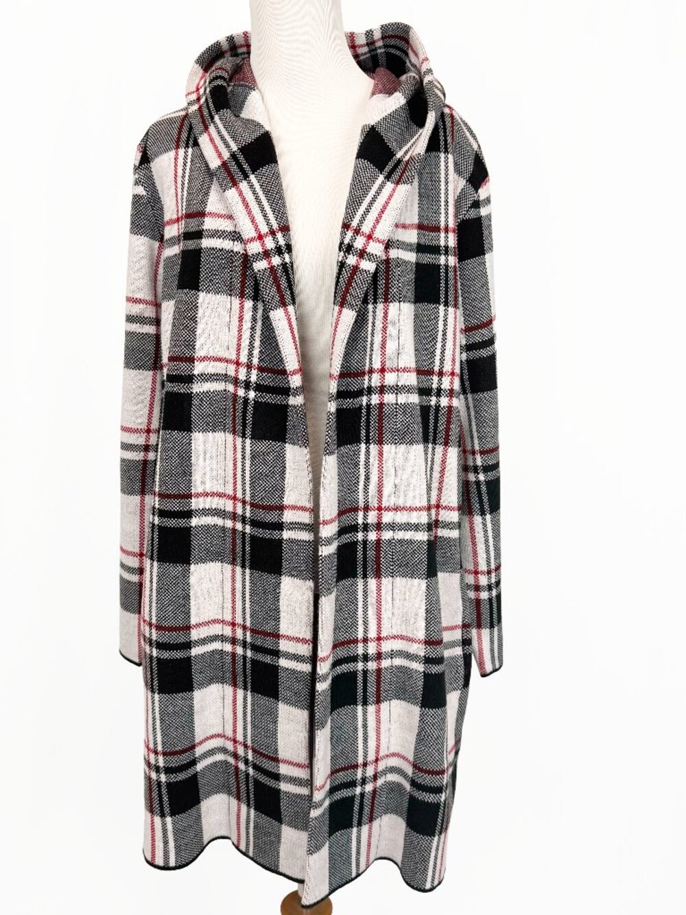 Appleseed's Plaid Hooded Coatigan Sweater Jacket Red Black White Women’s Size M